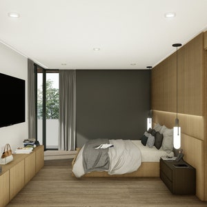 Puede incluir: Interior de dormitorio moderno con paneles de madera clara, un televisor de pantalla plana grande y una estanter&iacute;a empotrada. La cama est&aacute; hecha con ropa de cama gris y blanca, y la habitaci&oacute;n tiene un dise&ntilde;o minimalista.