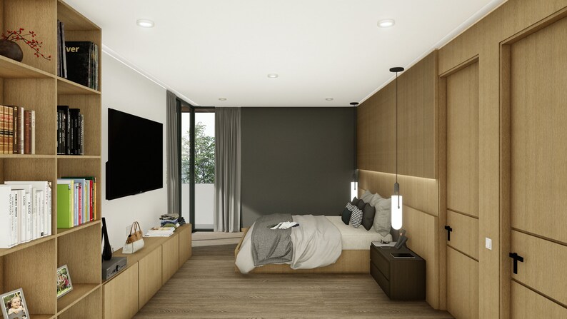 Puede incluir: Interior de dormitorio moderno con paneles de madera clara, un televisor de pantalla plana grande y una estanter&iacute;a empotrada. La cama est&aacute; hecha con ropa de cama gris y blanca, y la habitaci&oacute;n tiene un dise&ntilde;o minimalista.