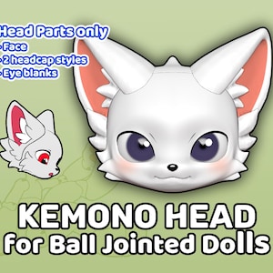 May include: A digital illustration of a white kemono head for ball jointed dolls. The head features large eyes, pink cheeks, and pointed ears with pink interiors. Text includes "Head Parts only" and "KEMONO HEAD".