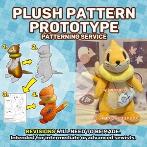 May include: A plush pattern prototype for a yellow and white character with a fish-shaped accessory. The pattern is in the process of being revised and is intended for intermediate or advanced sewists. The text "by jotkiss @ Etsy" is visible in the image.
