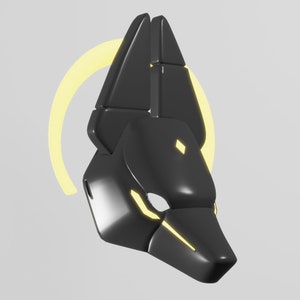 May include: A black and yellow stylized mask with an animalistic design. The mask has a pointed snout and large ears. The mask is illuminated with a yellow glow.