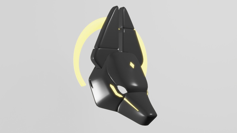 May include: A black and yellow stylized mask with an animalistic design. The mask has a pointed snout and large ears. The mask is illuminated with a yellow glow.