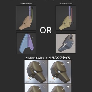 May include: Diagram showing two different ways to assemble a mask. The mask has a halo that can be attached to the ears or the head. The mask also has four different styles: LED, Solid, LED + Bevel, and Solid + Bevel.