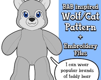 May include: A 16 inch gray wolf or cat plush toy pattern with blue eyes and a black nose. The text reads: 16 inch BAB inspired Wolf/Cat Pattern + Embroidery Files. A speech bubble says: I can wear popular brands of teddy bear toy clothes!