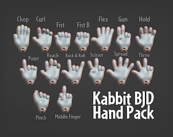Könnte beinhalten: Ein Satz von 14 verschiedenen Handhaltungen, die mit Namen wie "Chop", "Curl", "Fist", "Flex", "Gun", "Hold", "Point", "Reach", "Rock & Roll", "Scissor", "Spread", "Three", "Pinch" und "Middle Finger" beschriftet sind. Der Text "Kabbit BJD Hand Pack" befindet sich am unteren Rand des Bildes.