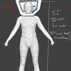 May include: A 3D scan of a human figure with a head-mounted display. The display is labeled "FRONT PANEL" and measures 35.56 cm in height. The figure is 157.48 cm tall, with a head circumference of 55.88 cm. The text "3D scan for scale" is also present.