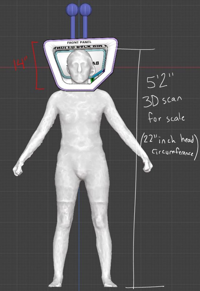 May include: A 3D scan of a human figure with a head-mounted display. The display is labeled "FRONT PANEL" and measures 35.56 cm in height. The figure is 157.48 cm tall, with a head circumference of 55.88 cm. The text "3D scan for scale" is also present.