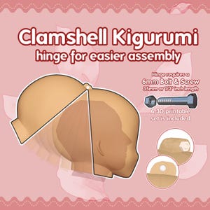 Puede incluir: Una cabeza de kigurumi de concha con una bisagra para un montaje más fácil. La cabeza está hecha de un material marrón claro y tiene una bisagra impresa en 3D. La bisagra requiere un tornillo y un perno de 6 mm, que mide 35 mm o 1/2 pulgada de largo. Se incluye un conjunto imprimible en 3D.