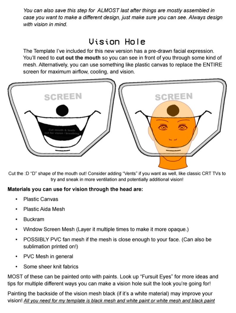 May include: Diagram for a "Vision Hole" template, showing two face designs with "SCREEN" above. Instructions detail cutting the mouth and using materials like plastic canvas and mesh for airflow and vision. Includes a list of materials.