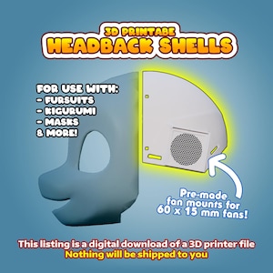 Może przedstawiać: 3D-drukowane skorupy tylne głowy do fursuitów, kigurumi, masek i innych. Obraz przedstawia białą, wydrukowaną w 3D skorupę z wstępnie zamontowanym uchwytem wentylatora dla wentylatora 60 x 15 mm.