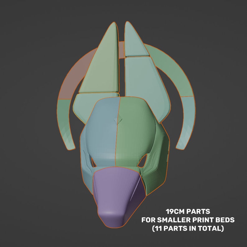 May include: A 3D printed model of a helmet, divided into 11 parts for printing on smaller beds. The helmet is green, blue, and purple.