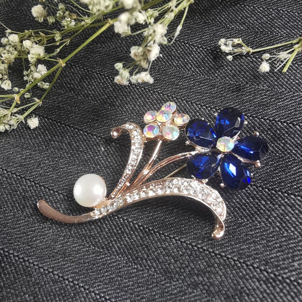 Natural Pearl Brooch, Blue Green Crystal Flower Brooch Pin, Wedding Gift Freshwater pearl Jewellery