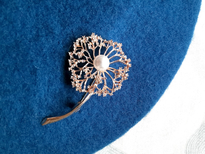 Crystal dandelion flower brooch in gold tone image 2