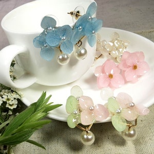 Real hydrangea earrings, handmade resin flower jewellery