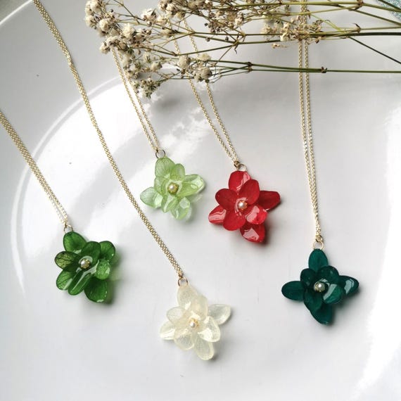 Resin Necklace Hydrangea Pendant Handmade Resin Pendant With Real Pressed Hydrangea Red, Round