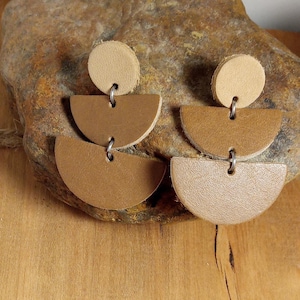 Leather Dangle Earrings: Khaki & Brown Half Circle Jewelry