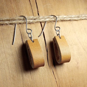 Honey Brown Leather Loop Earrings: Hypoallergenic Stainless Steel