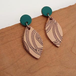 Laser Cut Leather Earrings: Blue-Green Almond Shape, Hypoallergenic