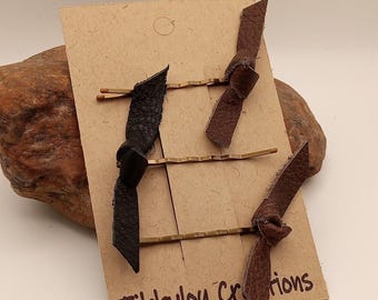 Small leather bow bobby pins, leather hair bows