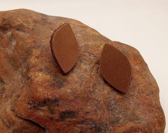 Light brown leather leaf stud earrings, leather jewelry