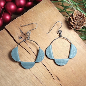 Blue Leather Hoop Earrings: Handmade Stainless Steel Ear Wire