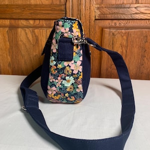 Floral Flap Crossbody Bag: Blue Cotton Canvas, Adjustable Strap