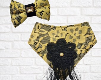 Bandana en dentelle jaune et fleurs noires, noeud pour cheveux, perle, FURbulous, chien, chat, animal de compagnie,