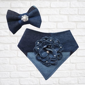 Jean Patch Pearl Flower Bandana, Hair Bow, FURbulous, dog, cat, pet, rhinestone, blue
