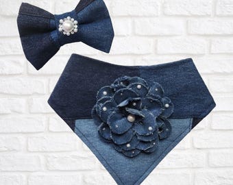 Bandana en jean avec fleurs et perles, nœud pour les cheveux, fourrure, chien, chat, animal de compagnie, strass, bleu