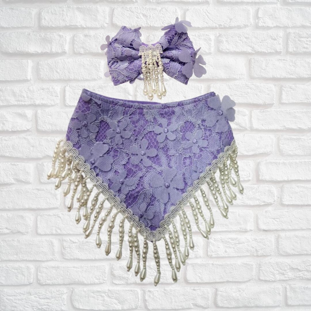Purple Floral Lace Bandana, Hair Bow, Rhinestone Furbulous, Dog, Cat