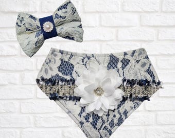 Bandana en jean en dentelle blanche, noeud pour les cheveux, strass FURbuleux, chien, chat, animal de compagnie, fleur, mêlée