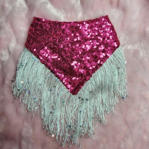 May include: A hot pink sequined scarf with silver fringe. The top portion is covered in small, shiny sequins, while the bottom features long, flowing silver fringe. This accessory is perfect for adding a touch of glamour to any outfit.