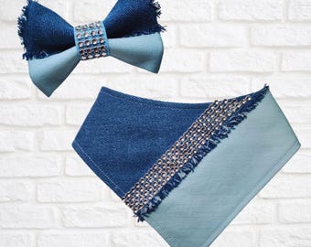 Bandana Fray Jean, noeud pour cheveux, FURbulous, chien, chat, animal de compagnie, strass, bleu, deux tons