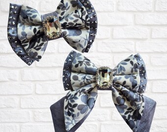 Noeud papillon double en satin floral gris, noeud papillon en satin strass, noeud marin ou noeud pour les cheveux FOURRURE, chien, chat, animal de compagnie, occasion spéciale,