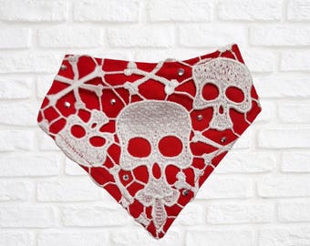 Bandana en toile en tricot blanc avec tête de mort avec bordure en sequins, noeud pour les cheveux, orange, or, strass FURbulous, chien, chat, animal de compagnie,