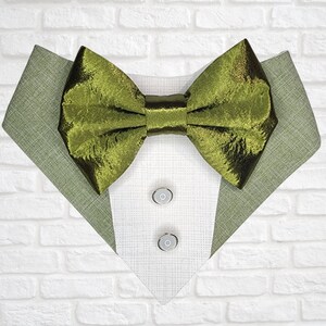 May include: A green velvet bow tie with a satin finish. The bow tie is on a white shirt with a green collar.