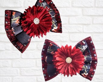 Noeud double en satin fleur bordeaux, noeud papillon en satin avec strass, noeud marin ou noeud pour les cheveux FOURRURE, chien, chat, animal de compagnie, occasion spéciale,