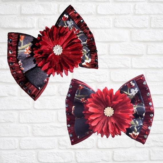 Burgundy Flower Satin Double Bow, Rhinestone Gem Satin Bow  display picture 2