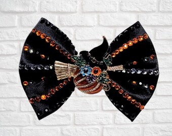 Chapeau de sorcière citrouille strass, noeud papillon en satin, noeud de marin ou noeud pour les cheveux FOURRURE, chien, chat, animal de compagnie, orange, noir, losange, balai