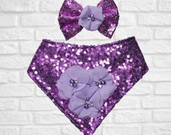 Bandana en grappe de fleurs à sequins lavande, noeud pour cheveux, strass FURbulous, chien, chat, animal de compagnie,