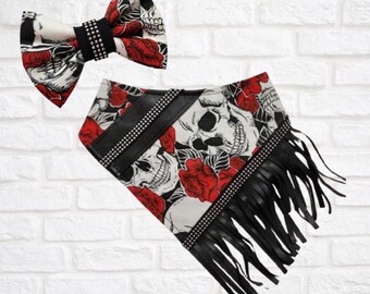 Bandana tête de mort et rose rouge avec des touches de cuir végétalien. Noeud pour cheveux orange, doré, strass FURbulous, chien, chat, animal de compagnie,