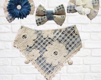 Linge de maison à fleurs naturelles avec bordure en bouleBandana, noeud pour les cheveux, strass FURbuleux, chien, chat, animal de compagnie, fleur,