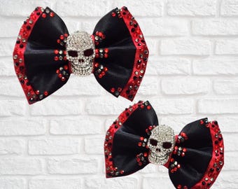 Nœud papillon double tête de mort en strass, nœud papillon en satin de pierres précieuses strass, nœud marin ou nœud pour les cheveux FURbuleux, chien, chat, animal de compagnie, occasion spéciale, rouge, noir