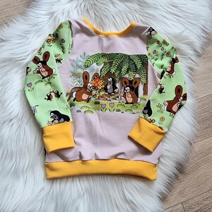 Könnte beinhalten: Ein langärmliges Kinder-Sweatshirt mit einer Cartoon-Szene mit braunen Kaninchen und Maulwürfen. Die Ärmel sind hellgrün mit sich wiederholenden Kaninchen- und Vogelillustrationen. Der Körper ist hellrosa mit einem zentralen Bild der Charaktere.