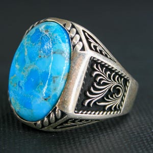 Handmade Turquoise Stone Men&#39;s Ring - 925k Sterling Silver