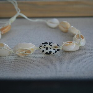 May include: A necklace featuring a series of smooth, cream-coloured cowrie shells strung on a light-coloured cord. The centre of the necklace is accented by a single, distinct cowrie shell with a white base and a black spotted pattern.