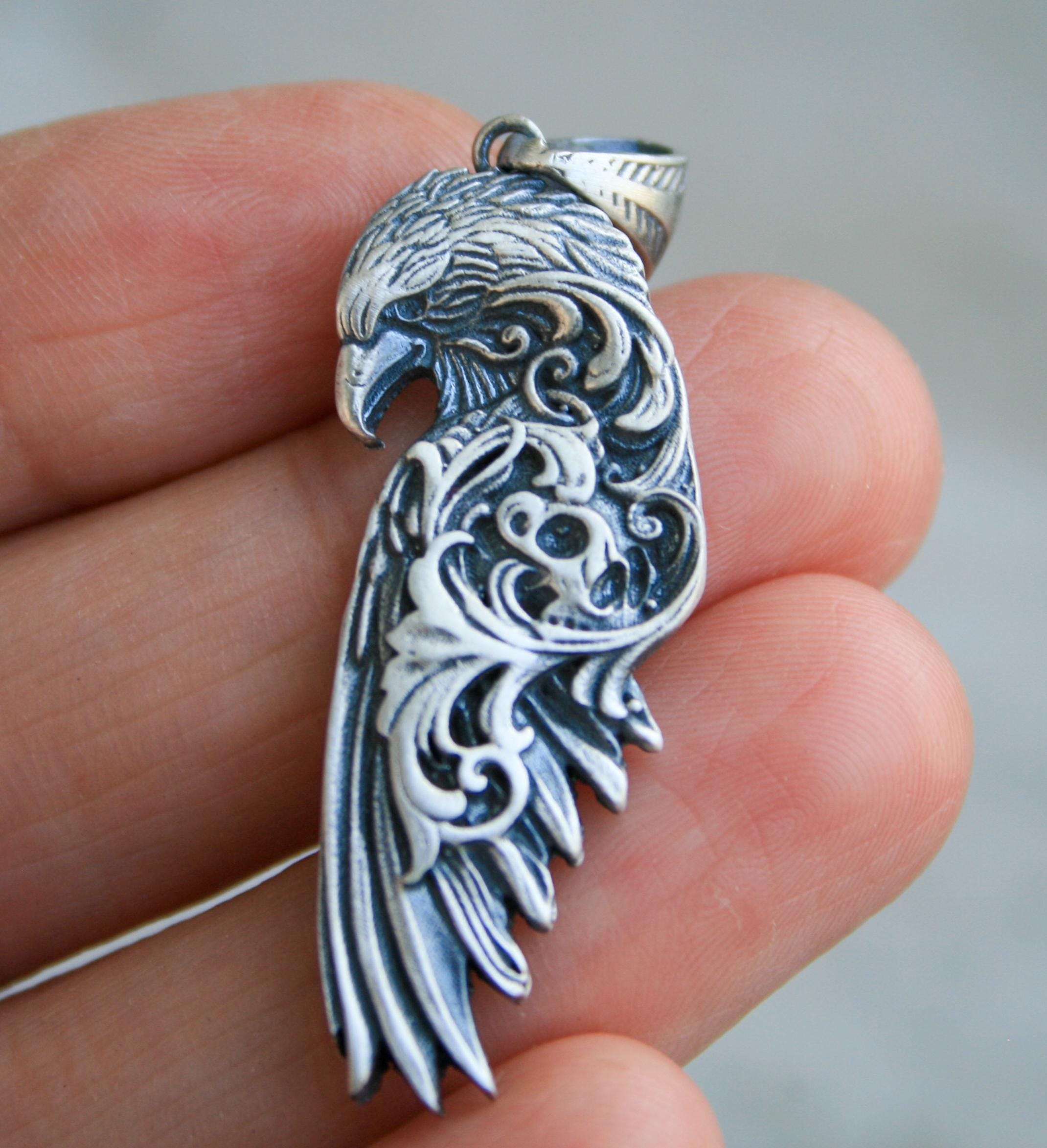 Hippie Necklace Men Men's 925 Sterling Silver Eagle Pendant With