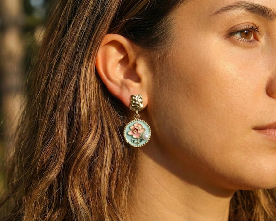 Gold Enamel Rose Earrings, Pink Flower Pearl Dangle, Vintage Romantic Jewelry