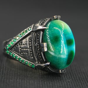 Men Silver Jade Stone Ring,Vintage Jade Gemstone Men&#39;s Ring,Cool Ring For Men,Natural Jade Ottoman Style Ring,Gift for Her