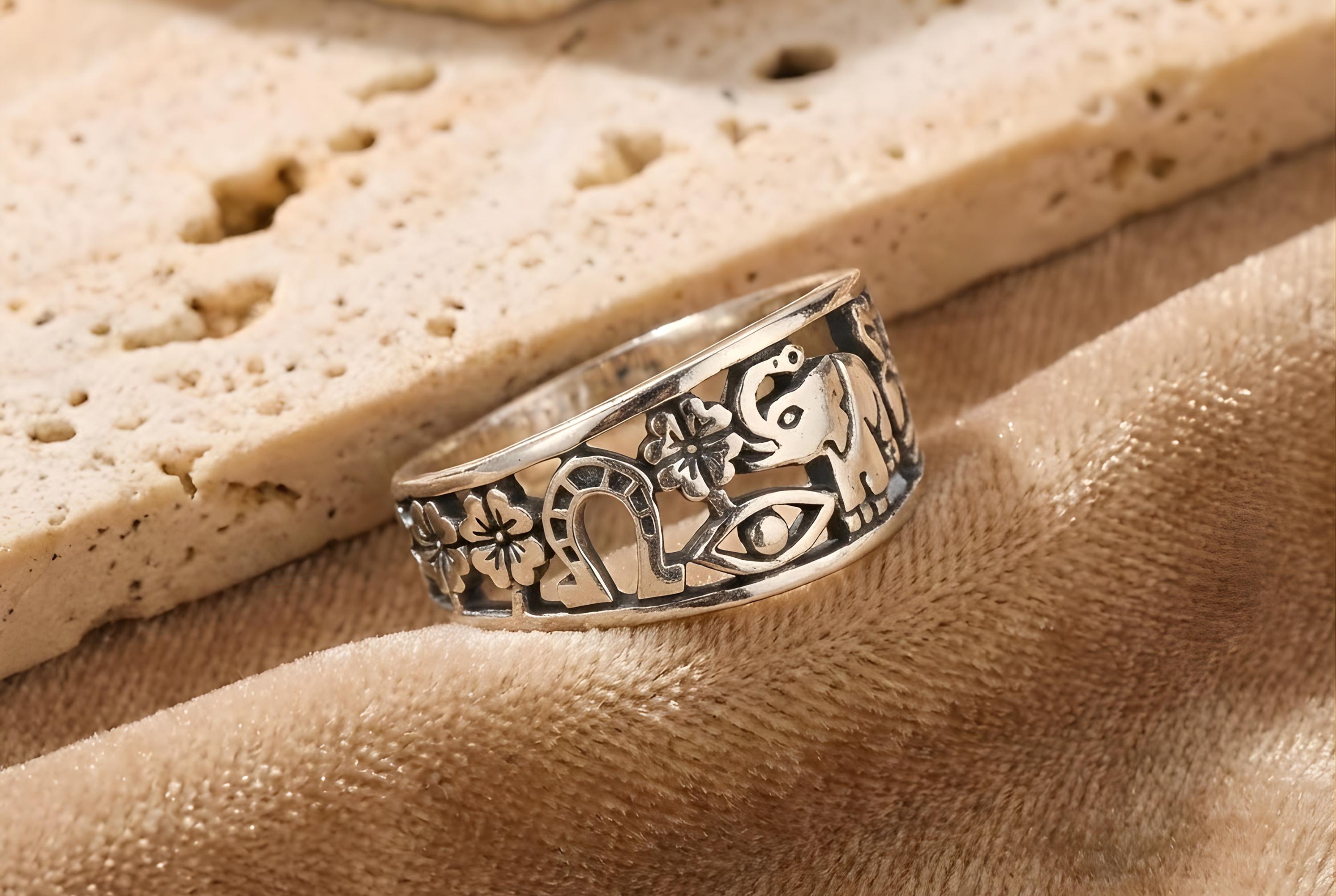 Silver Good Luck Ring, Elephant Owl and Evil Eye Band, Multi Symbol Charm Jewelry